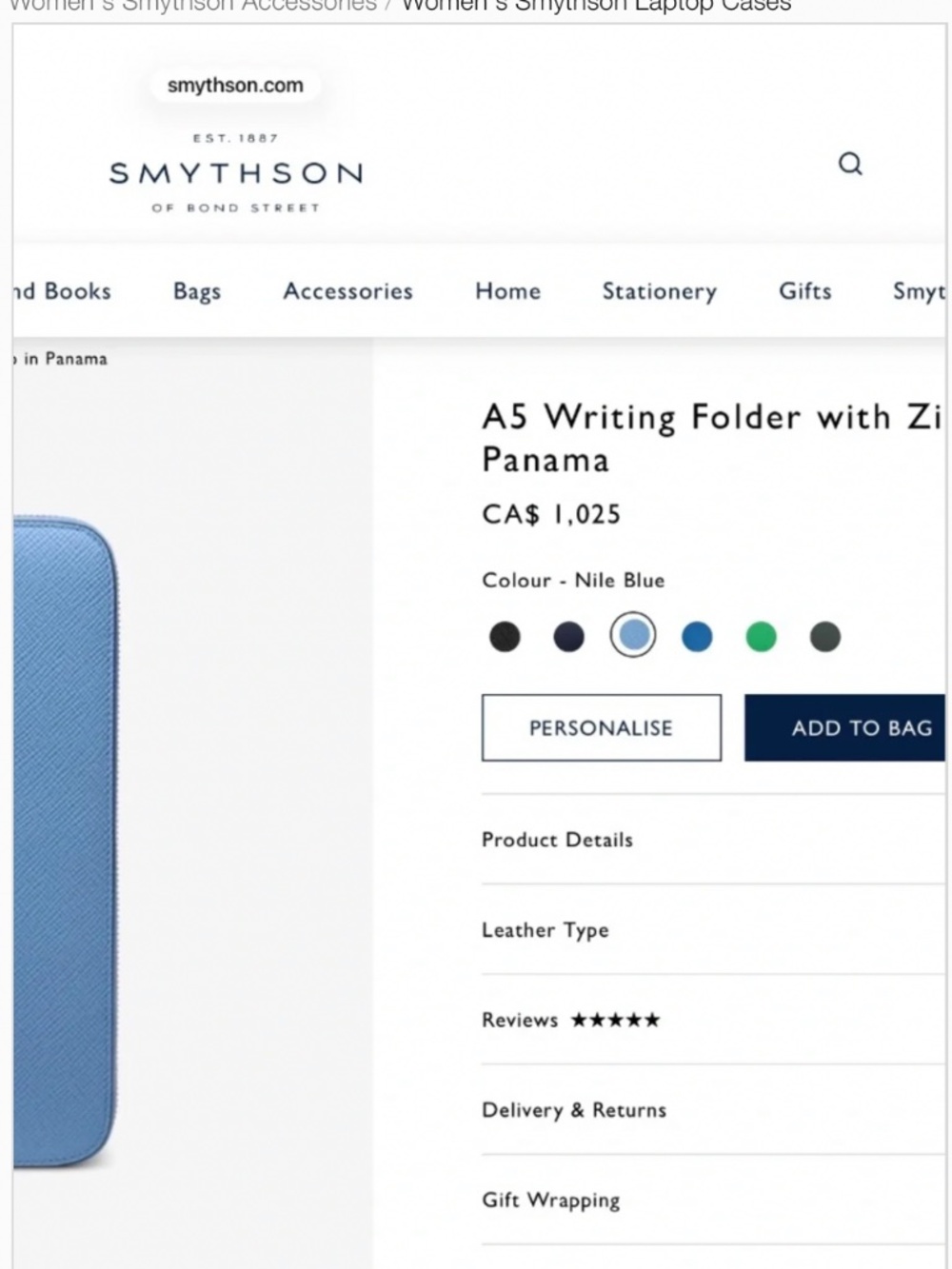 SMYTHSON Panama A5 Zip Portfolio Organizer | Nile Blue Crossgrain Leather - Picture 4 of 12